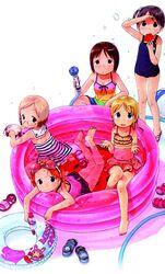  5girls absurdres ana_coppola animal bad_id bad_source ball barasui barefoot beachball bikini bikini_bralette blonde_hair blue_eyes blush english_text engrish_text feet ferret food frilled_bikini frills fruit glasses goggles highres hose ichigo_mashimaro innertube itou_chika itou_nobue john_(ichigo_mashimaro) long_hair matsuoka_miu multiple_girls one-piece_swimsuit ranguage sakuragi_matsuri school_swimsuit short_hair siblings sisters slippers spray striped_bikini striped_clothes swim_ring swimsuit tankini twintails wading_pool watermelon 