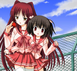  2girls kousaka_tamaki long_sleeves multiple_girls nekoma_kotomitsu outdoors school_uniform thighhighs to_heart_(series) to_heart_2 yuzuhara_konomi 