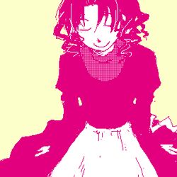  1boy apron artist_request closed_eyes dithering drill_hair gankutsuou limited_palette long_sleeves lowres male_focus monochrome oekaki otoko_no_ko peppo pink_theme short_hair simple_background smile solo source_request waist_apron yellow_background 