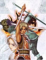  3boys angry aqua_eyes arm_up armor armpits belt bent_over black_hair blonde_hair boots bracelet chris_lightfellow clenched_teeth detached_sleeves eyepatch feathers female fighting_stance fire flame_champion fur_trim geddoe_(suikoden) gensou_suikoden gensou_suikoden_iii gloves grey_hair highres hugo_(suikoden_iii) ishikawa_fumi jewelry knife multiple_boys necklace official_art pendant photoshop_(medium) purple_eyes short_hair spiked_hair staff sword tan teeth torn_clothes weapon 