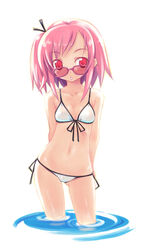  bikini female inato_serere looking_over_eyewear original pink-tinted_eyewear pink_hair red_eyes short_hair solo sunglasses swimsuit tinted_eyewear wet white_bikini 