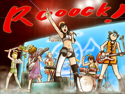  6+girls angel band bass_guitar black_hair blonde_hair boots brown_hair concert drum drum_set electric_guitar guitar haibane_renmei halo headband hikari_(haibane) instrument kana_(haibane) keyboard_(instrument) kuu_(haibane) long_hair microphone microphone_stand midriff multiple_girls nemu_(haibane) photoshop_(medium) rakka_(haibane) reki_(haibane) rock_(music) short_hair stage wings 