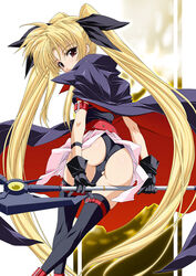  ass bardiche_(device_form)_(nanoha) bardiche_(nanoha) black_gloves black_thighhighs blonde_hair bodysuit cape fate_testarossa fate_testarossa_(original_form) female gloves long_hair lyrical_nanoha magical_girl mahou_shoujo_lyrical_nanoha miniskirt red_eyes ribbon skirt solo staff thighhighs twintails upskirt very_long_hair yatsushima_tetsuya 