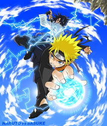  2boys black_hair blonde_hair blue_eyes blue_sky character_name chidori_(naruto) chokutou clenched_teeth cloud cloudy_sky day duel electricity electrokinesis energy energy_ball facial_mark firstsky fisheye forehead_protector glowing holding holding_sword holding_weapon katana konohagakure_symbol long_sleeves magic male_focus multiple_boys naruto_(series) naruto_shippuuden outdoors rasengan red_eyes serious sharingan sky source_request sword teeth toeless_legwear uchiha_sasuke uzumaki_naruto vs weapon whisker_markings 