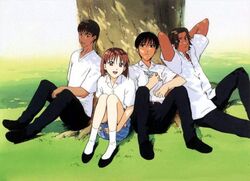  3boys against_tree arima_souichirou asaba_hideaki black_hair book brown_hair female grass kareshi_kanojo_no_jijou miyazawa_yukino multiple_boys red_eyes tonami_takefumi tree under_tree 