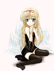  artist_request aruma_(shinrabanshou) bare_shoulders black_dress blonde_hair blush dress female full_body green_eyes hair_ribbon hands_on_own_chest long_hair no_shoes parted_lips ribbon shinrabanshou sitting sleeveless sleeveless_dress solo thighhighs very_long_hair wariza wings 