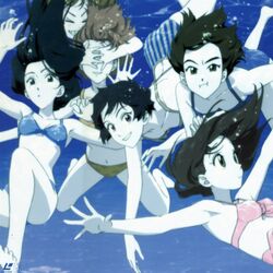  6+girls :i ass bikini black_hair blue_bikini breasts brown_hair covered_eyes floral_print grin hiramatsu_tadashi izawa_maho kareshi_kanojo_no_jijou long_hair looking_at_viewer miyazawa_yukino mole mole_under_eye multiple_girls official_art one-piece_swimsuit pink_bikini sakura_tsubaki sawada_aya sena_rika shibahime_tsubasa short_hair small_breasts smile spread_legs striped_bikini striped_clothes striped_one-piece_swimsuit swimsuit underwater upside-down vertical-striped_bikini vertical-striped_clothes vertical-striped_one-piece_swimsuit water yellow_bikini 