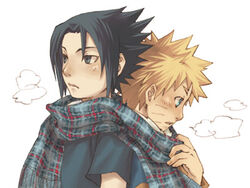  2boys aqua_eyes back-to-back black_eyes black_hair blonde_hair blush breath cold couple expressionless facial_mark kobashi long_sleeves lowres male_focus multiple_boys naruto naruto_(series) plaid plaid_scarf scarf shared_clothes shared_scarf short_sleeves simple_background spiked_hair uchiha_sasuke upper_body uzumaki_naruto whisker_markings white_background yaoi 