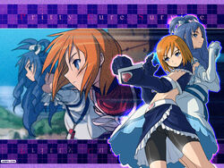  2girls akaga_hirotaka blue_eyes blue_hair cosplay cure_black cure_black_(cosplay) cure_white cure_white_(cosplay) english_text engrish_text futari_wa_precure half_updo luna_(mujin_wakusei_survive) magical_girl menori mujin_wakusei_survive multiple_girls orange_hair parody photoshop_(medium) precure ranguage shorts 