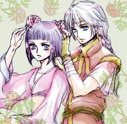  1boy couple female freyjadour_falenas gensou_suikoden gensou_suikoden_v long_sleeves lowres lyon_(suikoden) sarasa_misa straight 