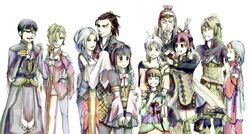  5boys 6+girls ^_^ ahoge armor arshtat_falenas bad_anatomy beard black_hair blonde_hair blue_eyes bow bowtie braid brown_hair cape closed_eyes cowboy_shot dress earrings everyone evil_smile eyepatch facial_hair facial_mark ferid_egan freyjadour_falenas frown galleon_(suikoden) gensou_suikoden gensou_suikoden_v georg_prime grey_hair hair_over_one_eye hair_ribbon hair_rings haswar_falenas headband hug jewelry kyle_(suikoden) long_hair long_sleeves looking_at_viewer lymsleia_falenas lyon_(suikoden) miakis_(suikoden) multiple_boys multiple_girls old old_man open_mouth ribbon ribe scar short_hair sialeeds_falenas sidelocks simple_background single_braid smile standing tabard thighhighs very_long_hair white_background zettai_ryouiki 