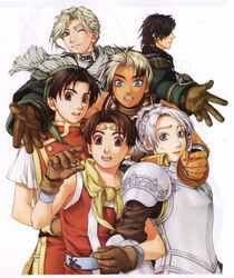  5boys :d antenna_hair aqua_eyes armor bandana belt black_hair blonde_hair bracelet braid brown_eyes brown_hair chinese_clothes chris_lightfellow circlet earrings everyone eyepatch female french_braid gauntlets geddoe_(suikoden) gensou_suikoden gensou_suikoden_i gensou_suikoden_ii gensou_suikoden_iii gloves green_eyes grey_hair highres hug hug_from_behind hugo_(suikoden_iii) in-franchise_crossover ishikawa_fumi jewelry lipstick locked_arms long_sleeves makeup multiple_boys nash_latkje official_art one_eye_closed open_mouth outstretched_arms photoshop_(medium) purple_eyes riou_(suikoden) scan scan_artifacts scarf short_hair simple_background sleeveless smile spiked_hair sweatdrop tan tir_mcdohl turtleneck 