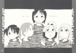  5girls ana_coppola animal blush cigarette english_text engrish_text everyone ferret glasses gradient_hair greyscale ichigo_mashimaro itou_chika itou_nobue john_(ichigo_mashimaro) long_hair looking_at_viewer looking_up matsuoka_miu monochrome multicolored_hair multiple_girls non-web_source on_head open_mouth profile ranguage ribbon rimless_eyewear sakuragi_matsuri scan shirt short_hair sleeves_past_wrists smoking striped_clothes striped_shirt sweater tottori twintails 