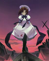  beret black_bow black_bowtie black_footwear black_pantyhose blood blood_on_clothes boots bow bowing bowtie breasts brown_hair closed_eyes closed_mouth cross cross-laced_footwear crossed_legs curtsey dress evening facing_viewer female full_body hat higurashi_no_naku_koro_ni kizaki_(volvox) lace-up_boots leaning_forward light_smile outdoors pantyhose parted_bangs puffy_short_sleeves puffy_sleeves purple_sky red_sky ribbon ruins ryuuguu_rena short_hair short_sleeves skirt_hold sky small_breasts smile solo standing twilight watson_cross white_dress white_hat 