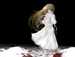  blonde_hair blood blue_eyes female hara_takehito highres long_hair original sad_girl_in_snow snow solo 