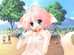  animal_ears ball blush collar day dog_ears dog_tail female game_cg green_eyes happy laughing lolicon outdoors pink_hair sakurazawa_izumi soccer_ball solo tail tango_(soccer_ball) tree wanko wanko_to_lily wrist_cuffs 