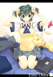  amazuyu_tatsuki bed bunching_hair comic_party female green_eyes green_hair letterboxed ooba_eimi school_uniform short_hair socks solo stuffed_animal stuffed_toy twintails 