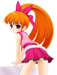  akazutsumi_momoko arm_support blush bow dress female hairbow hyper_blossom jacket katsuragi_niya leaning_forward long_hair panties pantyshot photoshop_(medium) pink_bow pink_eyes pink_panties pink_skirt pink_theme pleated_dress powerpuff_girls_z red_hair skirt solo standing striped_clothes striped_panties underwear 