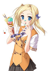  akino_takehiko bettou_izumi-shizuka_scarlett blonde_hair blue_eyes double_scoop female food highres ice_cream necktie photoshop_(medium) scarlett school_uniform short_hair solo 