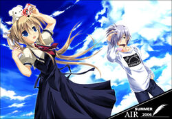  1boy air_(visual_novel) blonde_hair blue_eyes canine cloud cross day dress drinking_straw feathers female grey_hair hat juice_box kamio_misuzu kunisaki_yukito latin_cross long_hair long_sleeves necktie potato_(air) shippo_danshaku sky 