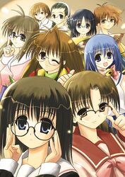  6+girls :d adjusting_eyewear aihara_mizuho animal_ears antenna_hair artist_request bell bespectacled black_hair blue_eyes blue_hair braid brown_eyes brown_hair comic_party company_connection crossover glasses hairband hoshina_tomoko inagawa_yuu ishihara_reiko kinuta_yuuki kizuato koide_yumiko kurihara_touko leaf_(studio) long_hair long_sleeves magical_antique makimura_minami multiple_crossover multiple_girls one_eye_closed open_mouth purple_eyes rian_(magical_antique) school_uniform shizuku_(game) short_hair smile tasogare tenshi_no_inai_12-gatsu to_heart to_heart_(series) trait_connection 