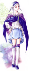  absurdres blunt_bangs brooch cloak female gensou_suikoden gensou_suikoden_ii gensou_suikogaiden grey_hair hairband hand_on_own_hip highres ishikawa_fumi jewelry long_sleeves off_shoulder official_art photoshop_(medium) pleated_skirt red_eyes scan shoes short_hair sierra_mikain skirt smile solo standing thighhighs vampire white_thighhighs zettai_ryouiki 