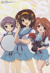  3girls :d absurdres ankle_socks armband asahina_mikuru belt blue_sailor_collar blue_skirt brown_eyes brown_hair camera hair_between_eyes head_tilt highres holding ikeda_shouko kita_high_school_uniform leg_lift lineup long_hair looking_at_viewer magazine_scan megami_magazine miniskirt multiple_girls nagato_yuki non-web_source official_alternate_hairstyle official_art open_mouth parted_bangs parted_lips pen pleated_skirt purple_hair reflector_(photography) ribbon sailor_collar scan school_uniform serafuku shirt shoes short_hair sidelocks skirt smile sneakers socks sos-dan_logo standing standing_on_one_leg strap summer_uniform suzumiya_haruhi suzumiya_haruhi_no_yuuutsu swept_bangs twintails yellow_eyes 