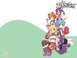  4girls animal_ears artist_request blonde_hair blue_eyes blue_hair boots brown_hair bunny_(trickster) cat_(trickster) cat_ears cat_tail fox_(trickster) fox_ears glasses midriff multiple_girls one_eye_closed purple_eyes purple_hair rabbit_ears rabbit_tail raccoon_(trickster) raccoon_ears red_eyes shorts skirt tail thighhighs trickster_(ntreev_soft) white_thighhighs zettai_ryouiki 