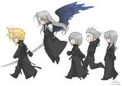  5boys angel blonde_hair brothers chibi chibi_only cloud_strife final_fantasy final_fantasy_vii final_fantasy_vii_advent_children green_eyes grey_hair kadaj long_hair long_sleeves loz male_focus multiple_boys sephiroth siblings signature source_request sword toujou_sakana weapon wings yazoo 