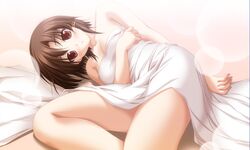  akiiro_ouka akiiro_renka bed bed_sheet brown_eyes brown_hair covering_privates female flat_chest lying naked_sheet niiyama_aoi on_side solo tsukimori_hiro 