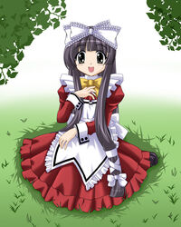  :d apron artist_request black_eyes black_hair blush bow bowtie dress female full_body grass hairbow juliet_sleeves kokoro_(kokoro_toshokan) kokoro_toshokan lolita_fashion long_hair long_sleeves looking_at_viewer open_mouth outdoors plant puffy_sleeves red_dress sitting smile solo yellow_bow 