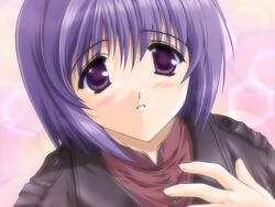  :o close-up comic_party eyebrows female game_cg haga_reiko hand_on_own_chest jacket mitsumi_misato parted_lips purple_eyes purple_hair short_hair solo teeth upper_body 