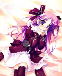  1boy :3 bed blush dress duplicate frills hair_ribbon happiness! long_hair long_sleeves lying male_focus on_back onsokuzekuu otoko_no_ko own_hands_clasped own_hands_together photoshop_(medium) pixel-perfect_duplicate purple_eyes purple_hair ribbon smile solo thighhighs very_long_hair watarase_jun zettai_ryouiki 