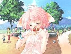  animal_ears ball blush closed_eyes collar day dog_ears dog_tail female fountain game_cg happy laughing lolicon oerba_yun_fang outdoors pink_hair sakurazawa_izumi soccer_ball solo tail tango_(soccer_ball) tree wanko wanko_to_lily water wrist_cuffs 