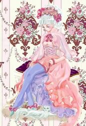  cape closed_eyes dress feline female flower frilled_dress frills gensou_suikoden gensou_suikoden_v hair_up josephine_(suikoden) pink_dress pink_theme rose sarasa_misa solo white_hair 