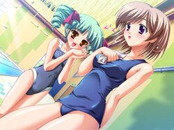  2girls :d :o bamboo blush brown_hair covered_navel diving_block drill_hair dutch_angle game_cg green_hair harukoi_otome_~otome_no_sono_de_gokigenyou~ heart katagiri_hinata light_rays multiple_girls one-piece_swimsuit open_mouth orange_eyes orito_riru own_hands_clasped own_hands_together perspective pool poolside purple_eyes school_swimsuit serizawa_yuika smile sunbeam sunlight swimsuit tile_floor tiles water window yuri 