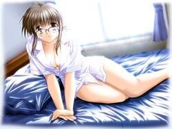  artist_request bed blush bottomless breasts brown_eyes brown_hair cleavage closed_mouth comic_party dress_shirt female glasses indoors large_breasts makimura_minami medium_breasts open_clothes open_shirt pillow shirt solo window 