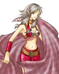  brown_eyes cogwheel crop_top female gensou_suikoden gensou_suikoden_iv grey_hair hairband lowres midriff millay_(suikoden) navel solo 