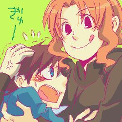  2boys :q albert_de_morcerf_(gankutsuou) artist_request black_eyes blue_eyes blush flying_sweatdrops gankutsuou green_background hug long_sleeves looking_at_another lowres male_focus multiple_boys oekaki orange_hair otoko_no_ko peppo simple_background smile source_request surprised sweatdrop tongue tongue_out upper_body veins 