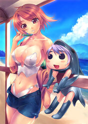  2girls amei_sumeru bag beach bikini breasts cleavage cloud day denim denim_shorts dolphin handbag large_breasts multiple_girls ocean orange_hair original outdoors photoshop_(medium) purple_eyes purple_hair red_eyes shiny shorts sky swimsuit water white_bikini 