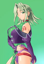  breasts cowboy_shot female green_background green_eyes green_hair huge_breasts lamia_loveless long_sleeves photoshop_(medium) profile sangekimaru solo super_robot_wars 