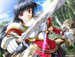  armor bekkankou black_hair day eleanor_fortworth female game_cg gloves long_sleeves lowres outdoors princess_holiday red_eyes solo sword weapon 