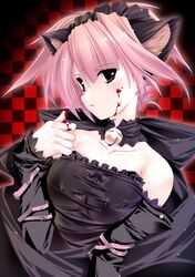  animal_ears bare_shoulders bell black_dress black_eyes blood blood_on_face blush cat_ears checkered_background choker detached_sleeves dress female goth_fashion headdress highres jian long_sleeves neck_bell original pink_hair ribbon short_hair solo upper_body 