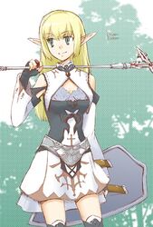  armor bad_link bare_shoulders belt brooch collar cowboy_shot dress elf elf_(lineage_2) female green_eyes holding holding_sword holding_weapon jewelry lineage lineage_2 long_sleeves looking_to_the_side nanjou_haruno player_character_(lineage_2) pointy_ears shield smile solo standing sword weapon white_dress 