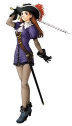  absurdres arm_up ascot black_gloves blue_eyes brown_hair dress earrings fantasy female full_body gensou_suikoden gensou_suikoden_iii gloves hat high_heels highres ishikawa_fumi jewelry lace lilly_pendragon long_hair official_art pantyhose sheath shoes short_dress simple_background solo standing sword weapon 