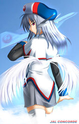  aircraft airplane c-wing female flight_airplanes grey_hair head_wings japan_airlines long_sleeves mascot mecha_musume personification red_eyes solo thighhighs wings zettai_ryouiki 