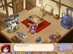  aoi_sora_no_neosphere book bookshelf canine chains door fake_screenshot female hair_ribbon holding holding_weapon hook indoors komatsu_eiji long_hair machinery mecha nanoca_flanka oven polearm ponytail red_hair ribbon robot shelf sleeping staff stairs standing stuka table tenzan uniform very_long_hair weapon 