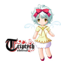  bow deformed female hairbow lowres marineo nimura_yuuji ribbon short_hair smile solo triptych white_hair wings yellow_eyes 