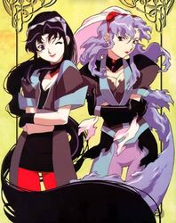  1990s_(style) 2girls black_hair blue_hair dual_persona el_hazard ifurita ifurita_tv long_hair multiple_girls nakazawa_kazuto pantyhose retro_artstyle scan yellow_background 