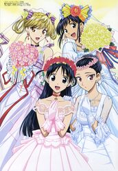  4girls black_hair blonde_hair blue_eyes bouquet bridal_veil bride choker dress earrings flower gloves hair_bun hair_flower hair_ornament hair_up happy hara_yumiko head_wreath heart highres jewelry lace lipstick long_hair magazine_scan makeup megami_magazine multiple_girls necklace official_art orange_eyes pendant pink_gloves purple_eyes ribbon sawachika_eri scan school_rumble short_twintails siblings single_hair_bun sisters suou_mikoto_(school_rumble) tsukamoto_tenma tsukamoto_yakumo twintails veil wedding wedding_dress white_gloves 